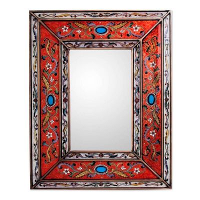 Alternate image for Rectangular Reverse Painted Glass Wall Mirror from Peru Orange Cajamarca Warmth