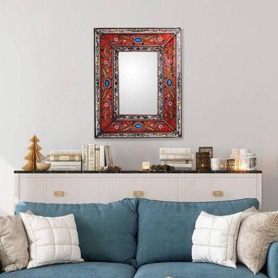 Alternate image for Rectangular Reverse Painted Glass Wall Mirror from Peru Orange Cajamarca Warmth
