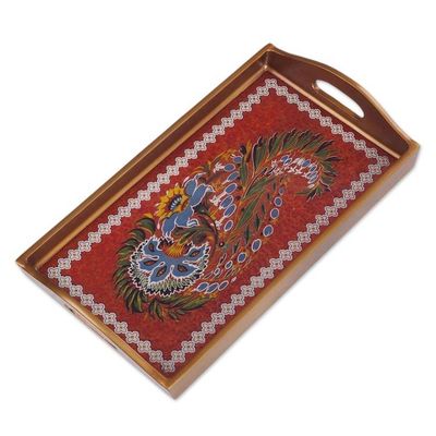 Primary image for Red Floral Reverse-Painted Glass Tray from Peru Garden Arrangement