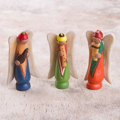 Alternate image for Three Hand-Painted Ceramic Angel Figurines from Peru Andean Angels