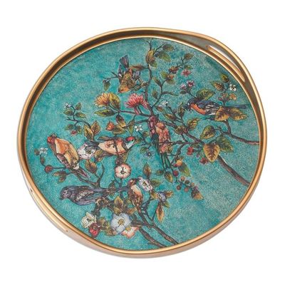 Alternate image for Floral Reverse-Painted Glass Tray in Turquoise from Peru Birds of Spring