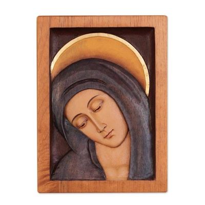 Alternate image for Artisan Crafted Religious Wood Virgin Mary Relief Panel Inclined Virgin