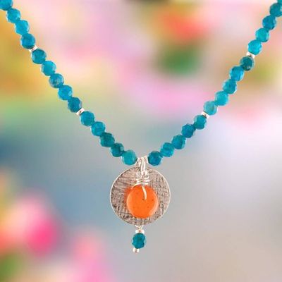 Alternate image for Silver Pendant Necklace with Carnelian and Apatite Stones Oceanic Dawn