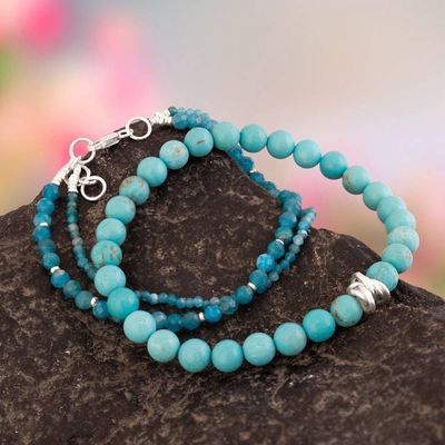 Alternate image for 2 Apatite Reconstituted Turquoise Silver Beaded Bracelets Atlantis Spell