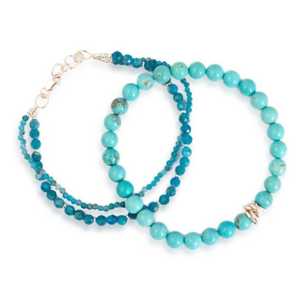 Alternate image for 2 Apatite Reconstituted Turquoise Silver Beaded Bracelets Atlantis Spell