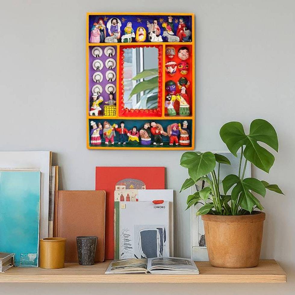 Retablo-Style Nativity Wood Wall Mirror from Peru 'Ayacucho Birth'