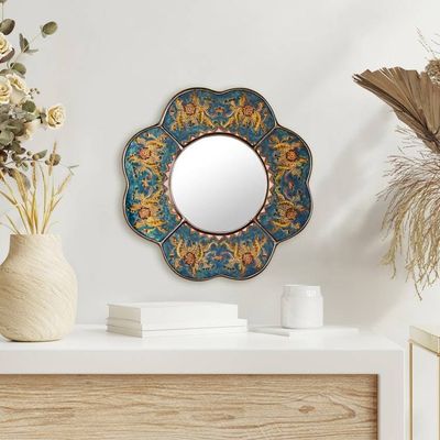 Alternate image for Andean Reverse Painted Glass Blue Floral Wall Mirror Blue Cajamarca Blossom