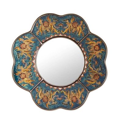 Alternate image for Andean Reverse Painted Glass Blue Floral Wall Mirror Blue Cajamarca Blossom