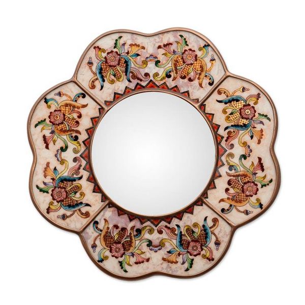 Alternate image for Hand Made Reverse Painted Glass Mirror from Peru Iridescent Cajamarca Blossom