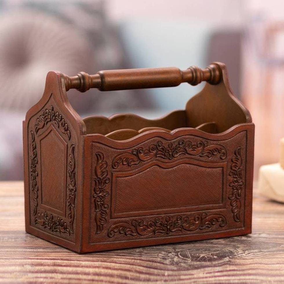 Colonial Leather and Wood Magazine Holder from Peru 'Colonial Reader'