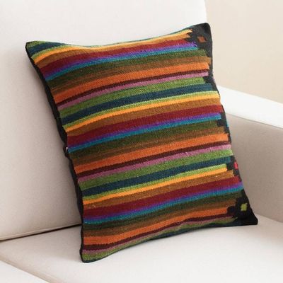 Alternate image for Multicolor Striped Wool Handwoven Cushion Cover from Peru Dreaming in Color