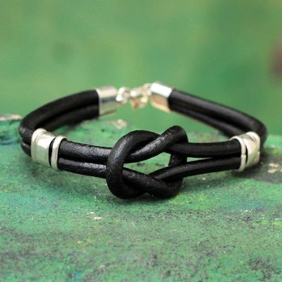 Primary image for Leather Wristband Bracelet 925 Sterling Silver Twin Black Knots