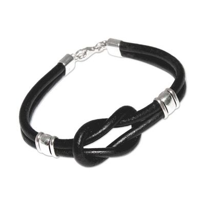 Alternate image for Leather Wristband Bracelet 925 Sterling Silver Twin Black Knots