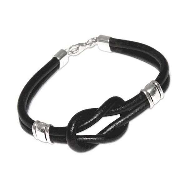 Alternate image for Leather Wristband Bracelet 925 Sterling Silver Twin Black Knots