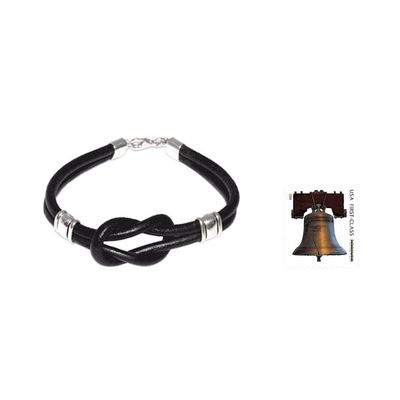 Alternate image for Leather Wristband Bracelet 925 Sterling Silver Twin Black Knots