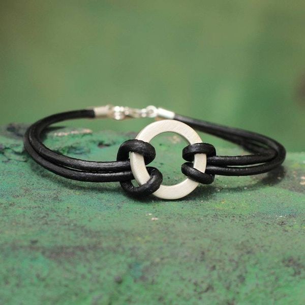 Alternate image for Sterling Silver Leather Wristband Mens Bracelet Harvest Moon
