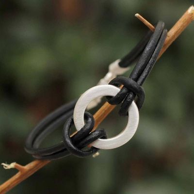Alternate image for Sterling Silver Leather Wristband Mens Bracelet Harvest Moon