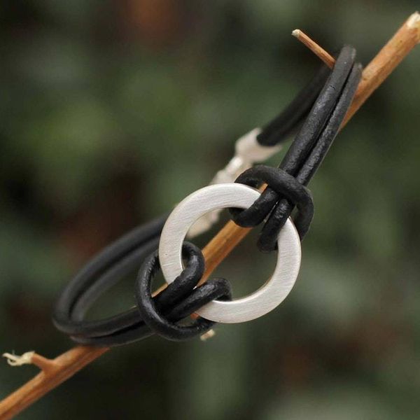 Alternate image for Sterling Silver Leather Wristband Mens Bracelet Harvest Moon