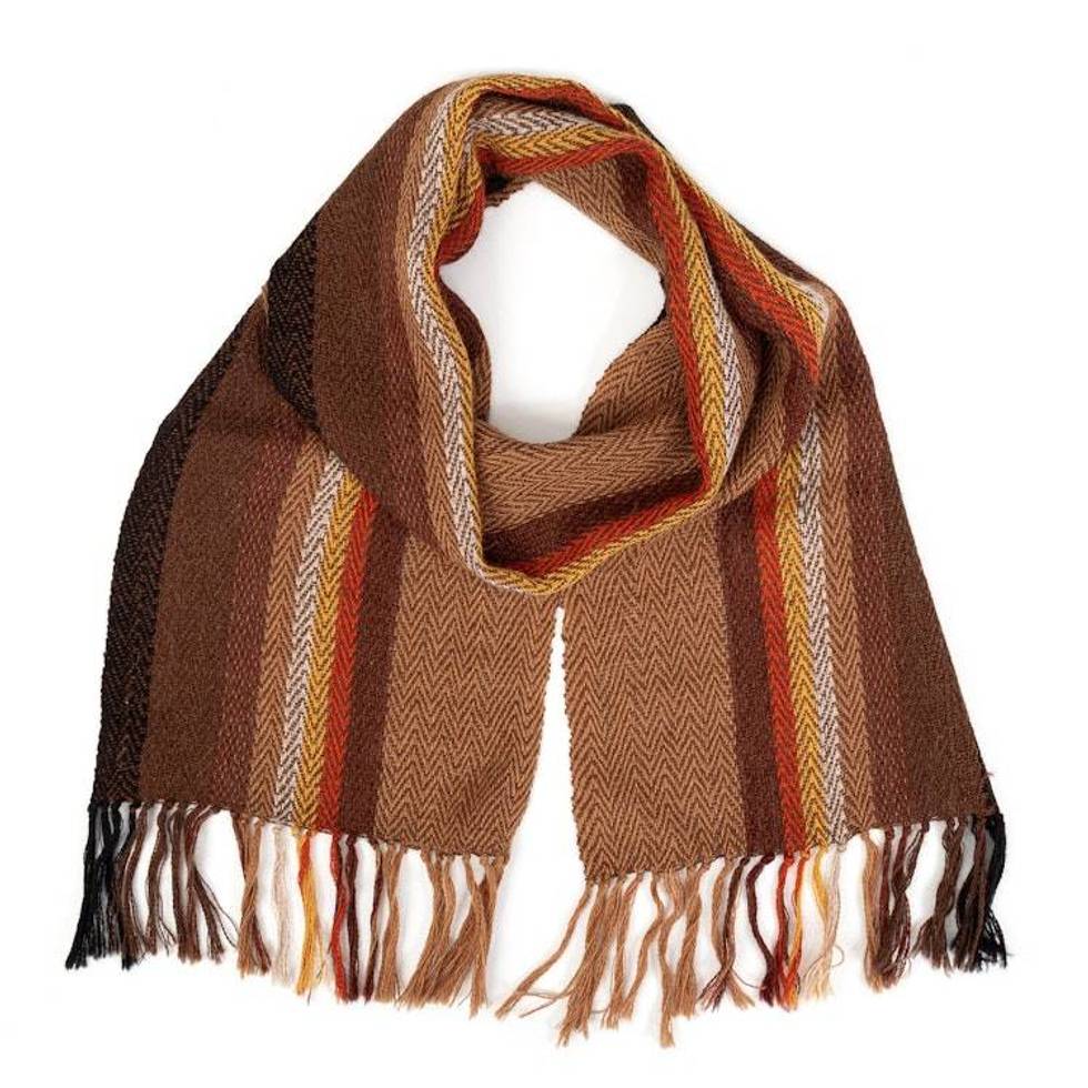 Striped Fringed Handwoven 100 Alpaca Scarf in Warm Shades 'Andean Horizons'