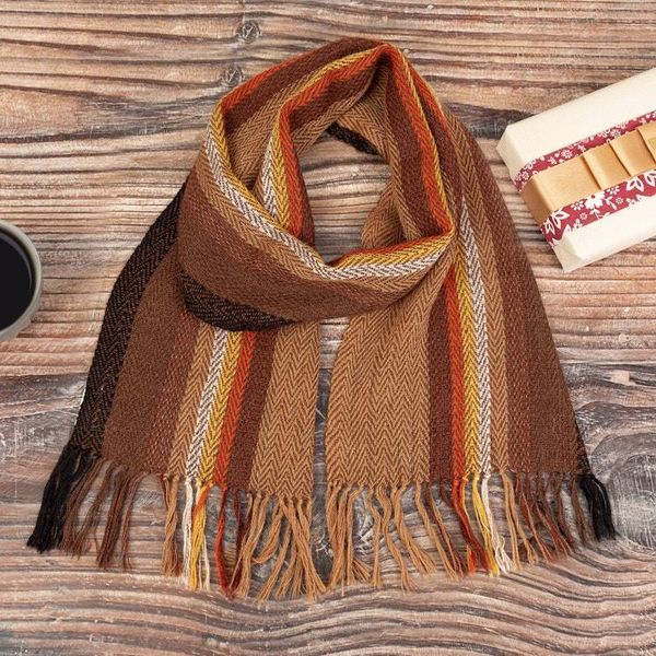 Alternate image for Striped Fringed Handwoven 100 Alpaca Scarf in Warm Shades Andean Horizons