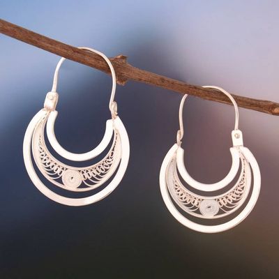 Alternate image for Sterling Silver Filigree Hoop Earrings from Peru Artisanal Crescent Moons