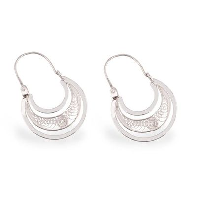 Alternate image for Sterling Silver Filigree Hoop Earrings from Peru Artisanal Crescent Moons