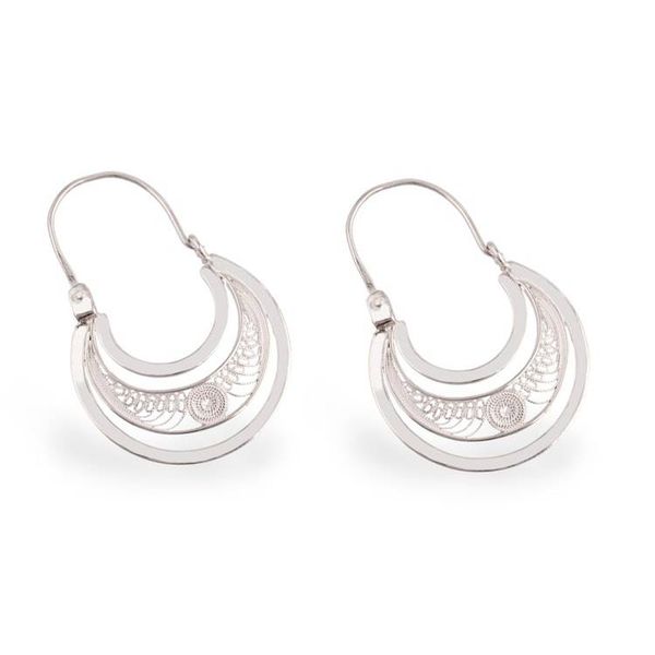 Alternate image for Sterling Silver Filigree Hoop Earrings from Peru Artisanal Crescent Moons