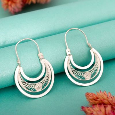 Alternate image for Sterling Silver Filigree Hoop Earrings from Peru Artisanal Crescent Moons