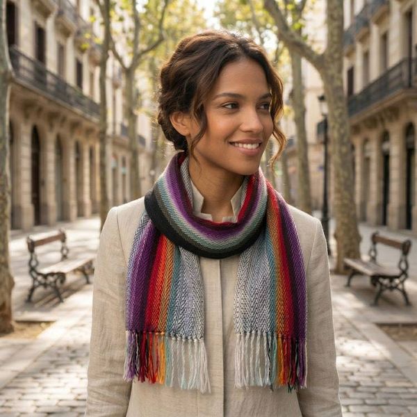 Alternate image for Colorful Striped Handwoven 100 Alpaca Scarf with Fringes Andean Skies