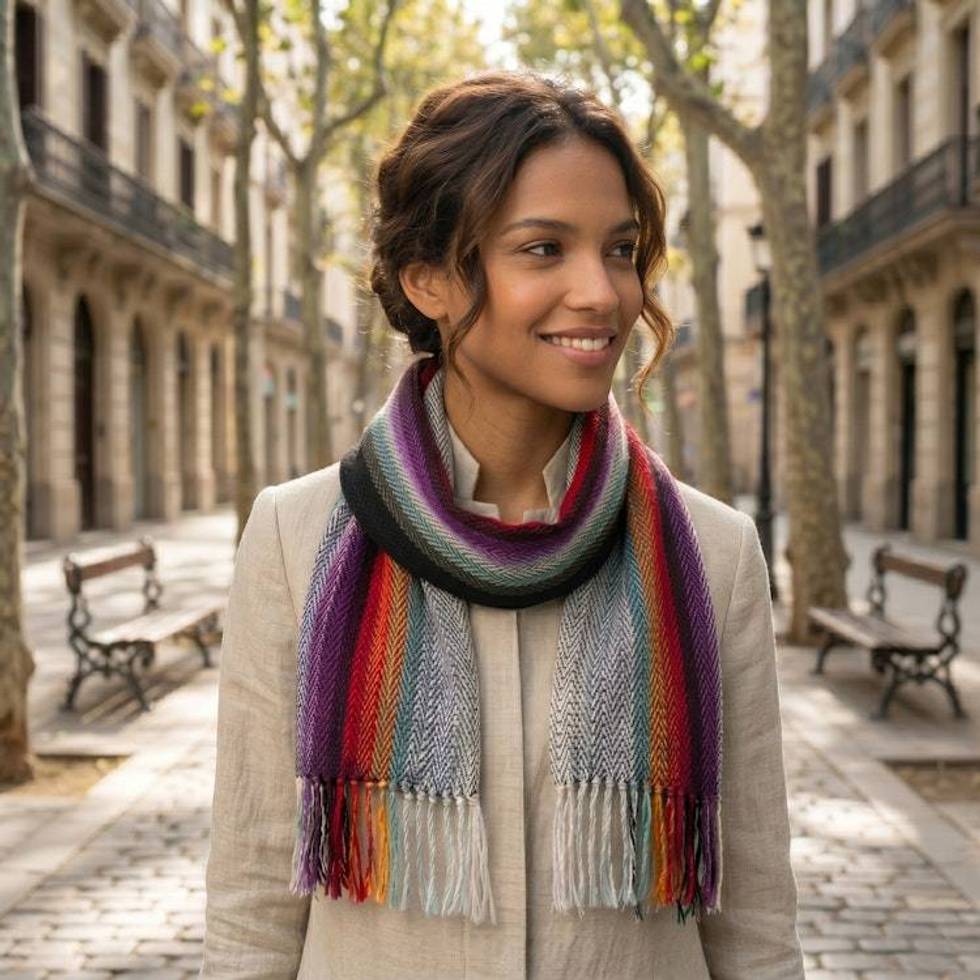 Colorful Striped Handwoven 100 Alpaca Scarf with Fringes 'Andean Skies'
