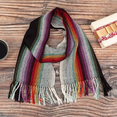 Alternate image for Colorful Striped Handwoven 100 Alpaca Scarf with Fringes Andean Skies