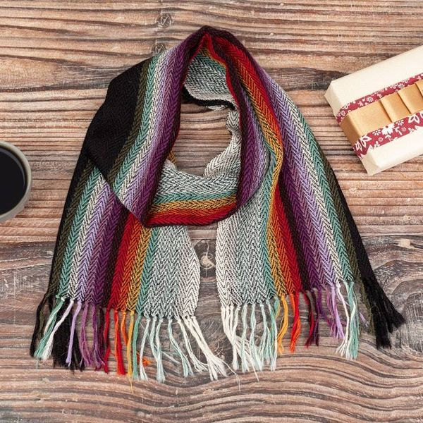 Alternate image for Colorful Striped Handwoven 100 Alpaca Scarf with Fringes Andean Skies