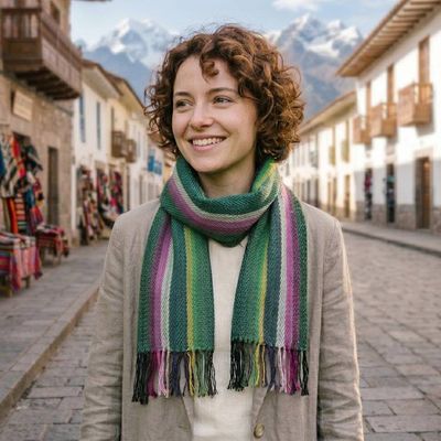 Alternate image for Green and Pink Striped Fringed Hand-Woven 100 Alpaca Scarf Andean Valleys