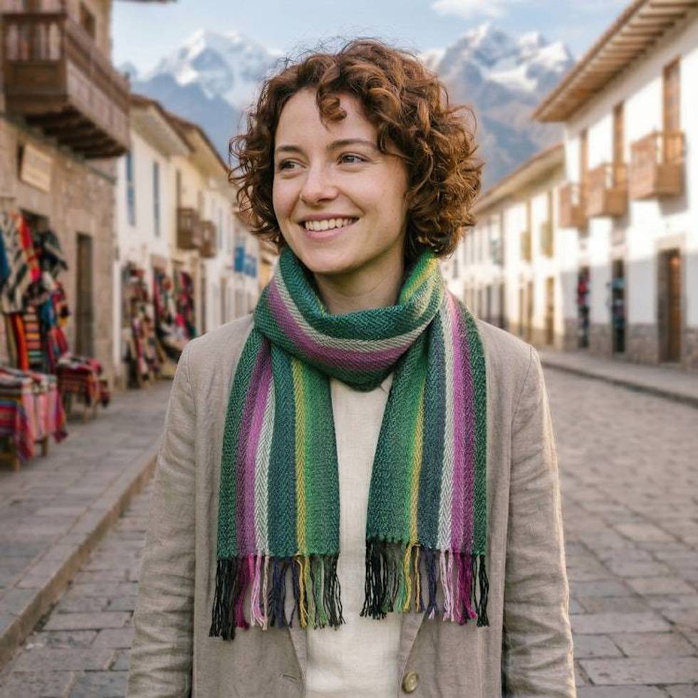 Green and Pink Striped Fringed Hand-Woven 100 Alpaca Scarf 'Andean Valleys'