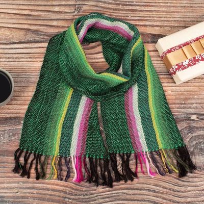 Alternate image for Green and Pink Striped Fringed Hand-Woven 100 Alpaca Scarf Andean Valleys
