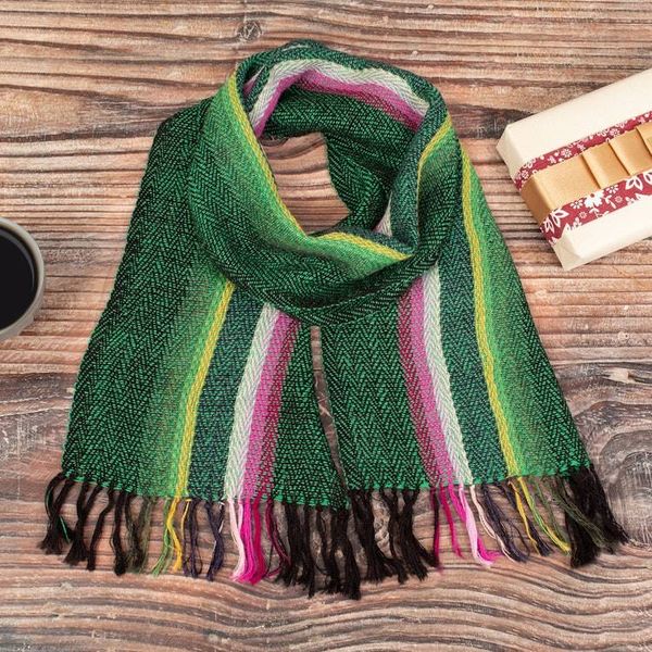 Alternate image for Green and Pink Striped Fringed Hand-Woven 100 Alpaca Scarf Andean Valleys