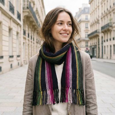 Alternate image for Hand-Loomed Fringed 100 Alpaca Scarf with Striped Pattern Andean Stalks