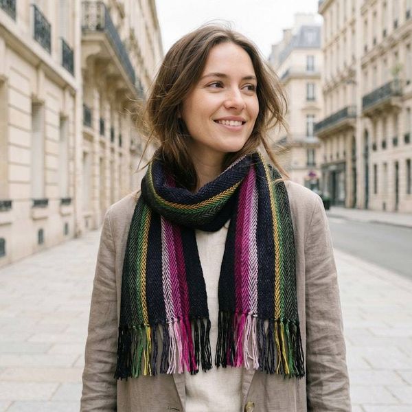 Alternate image for Hand-Loomed Fringed 100 Alpaca Scarf with Striped Pattern Andean Stalks