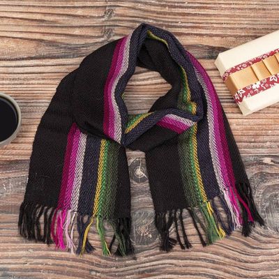 Alternate image for Hand-Loomed Fringed 100 Alpaca Scarf with Striped Pattern Andean Stalks