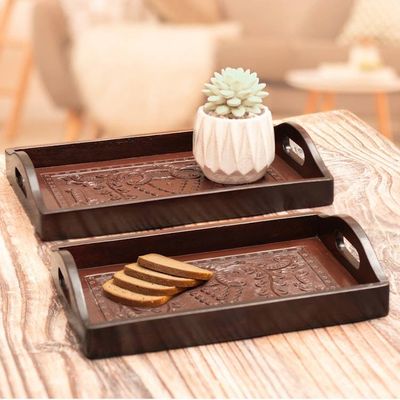 Primary image for Handmade 2-Piece Embossed Leather and Mohena Wood Tray Set Traces of Epoque