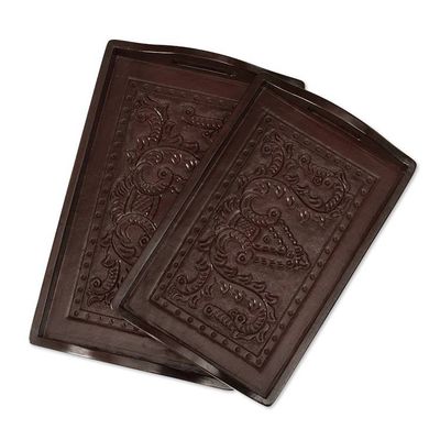 Alternate image for Handmade 2-Piece Embossed Leather and Mohena Wood Tray Set Traces of Epoque