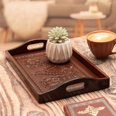 Alternate image for Handmade 2-Piece Embossed Leather and Mohena Wood Tray Set Traces of Epoque