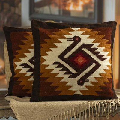 Alternate image for Wool Cushion Covers in Earth Tones and Bird Figure Pair Sent from Earth