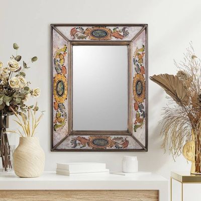 Alternate image for Reverse Painted Glass Rectangular Floral Wall Mirror Floral Medallions