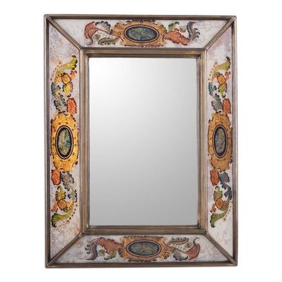 Alternate image for Reverse Painted Glass Rectangular Floral Wall Mirror Floral Medallions