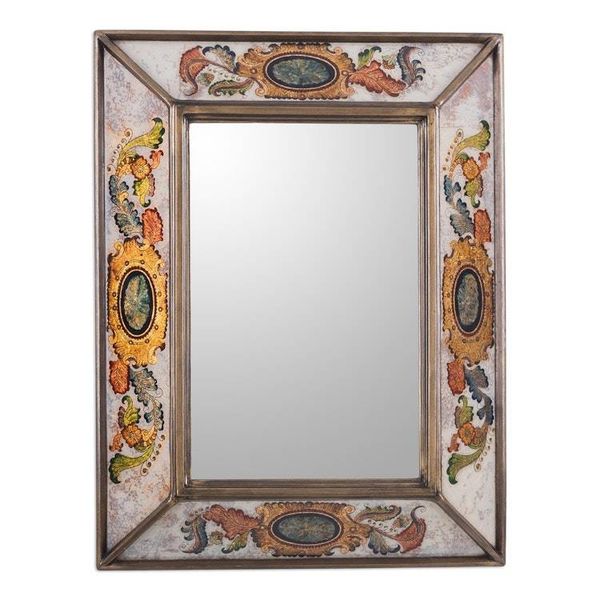 Alternate image for Reverse Painted Glass Rectangular Floral Wall Mirror Floral Medallions