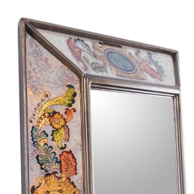 Alternate image for Reverse Painted Glass Rectangular Floral Wall Mirror Floral Medallions