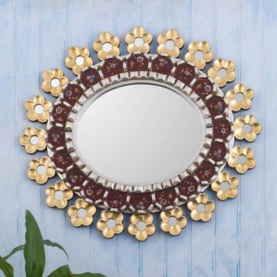 Alternate image for Floral Reverse-Painted Glass Wall Mirror from Peru Cajamarca Garland