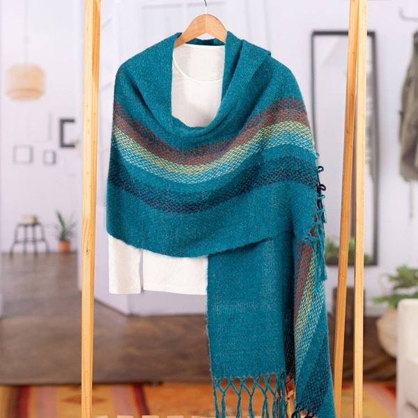 Alternate image for Striped Peacock Green 100 Alpaca Shawl Handwoven in Peru Peacock Winds