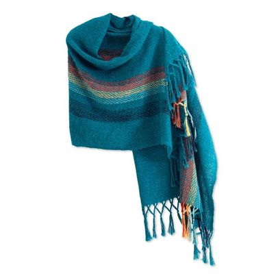 Alternate image for Striped Peacock Green 100 Alpaca Shawl Handwoven in Peru Peacock Winds